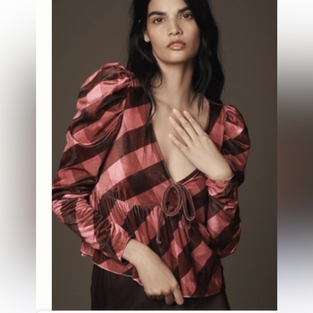 Maeve by Anthropology Pink Tie Front Puffed Blouse size M